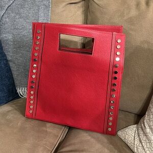 Red leather purse- rectangle with silver studs & shoulder strap, zipper closure